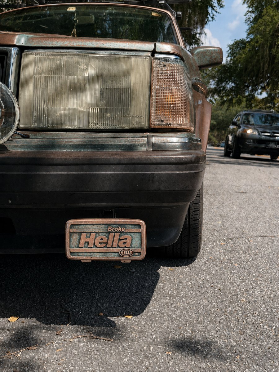 A worn, patina-covered Broke Hella license plate on an old car, spotted in the wild, not staged