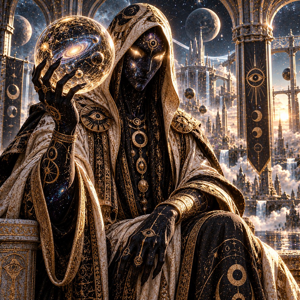 A hooded figure beneath a single great eye, holding a candle — The Watcher