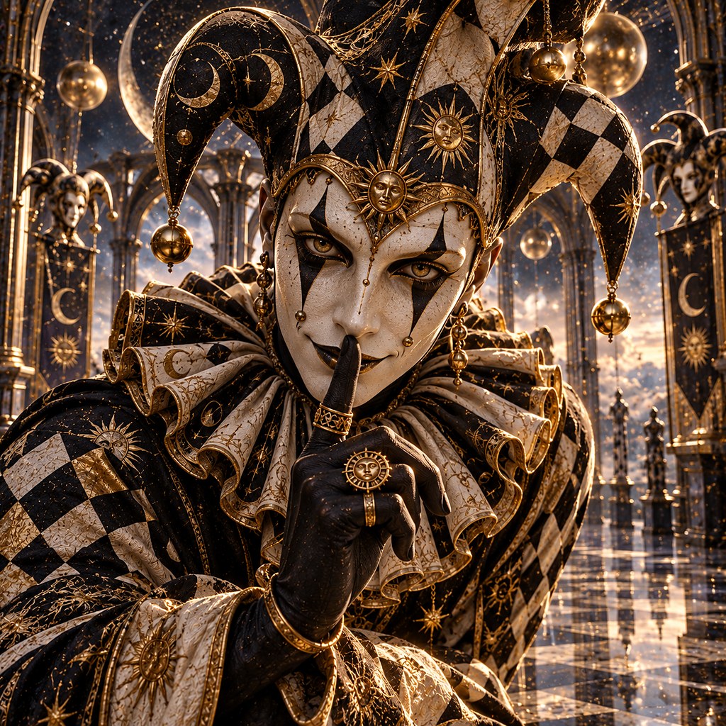 A grinning jester in a many-coloured belled cap and collar — The Jester