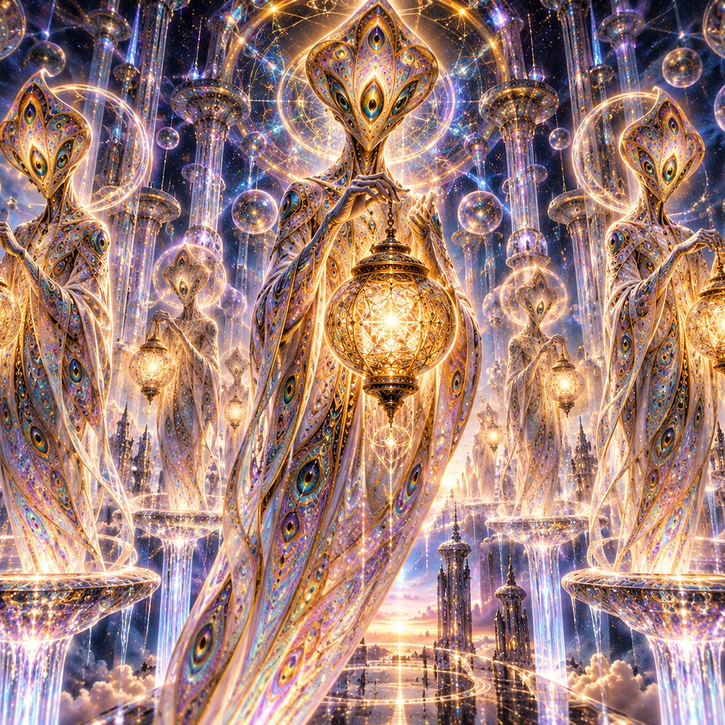 Hooded figures carrying lanterns in warm gold light — The Lantern Keepers