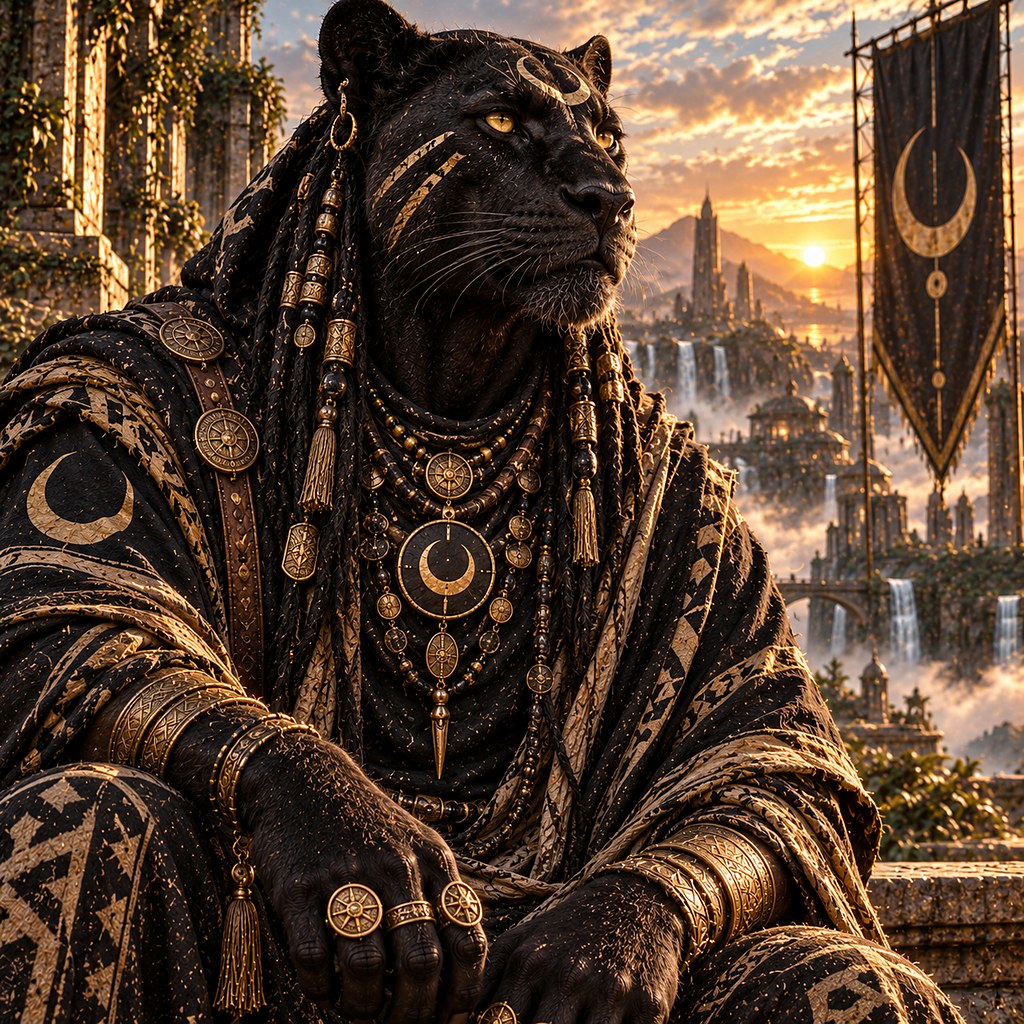 A black panther, gold-eyed, emerging from darkness — The Panther