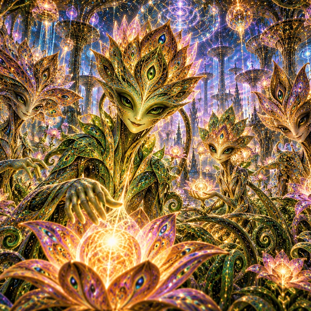 A green face wreathed in leaves, vines and flowers — The Plant Spirits