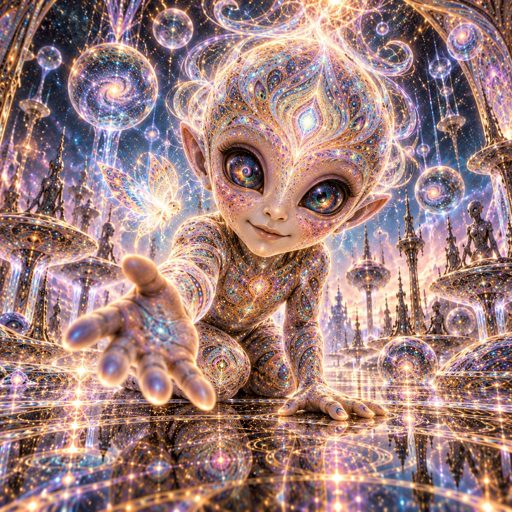 A wide-eyed child crowned in light, surrounded by growth — The Children